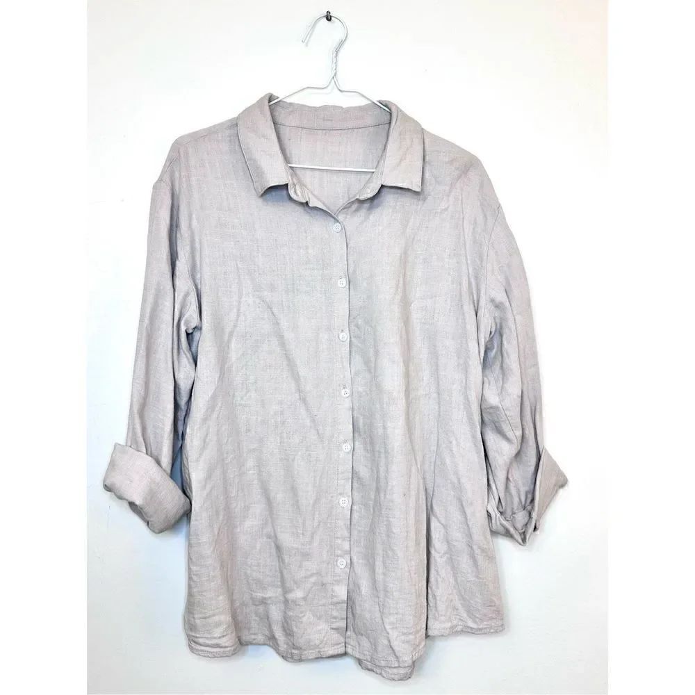 Shein Woven Long Sleeve Collared Stretch Button Front Blouse Top Gray XL